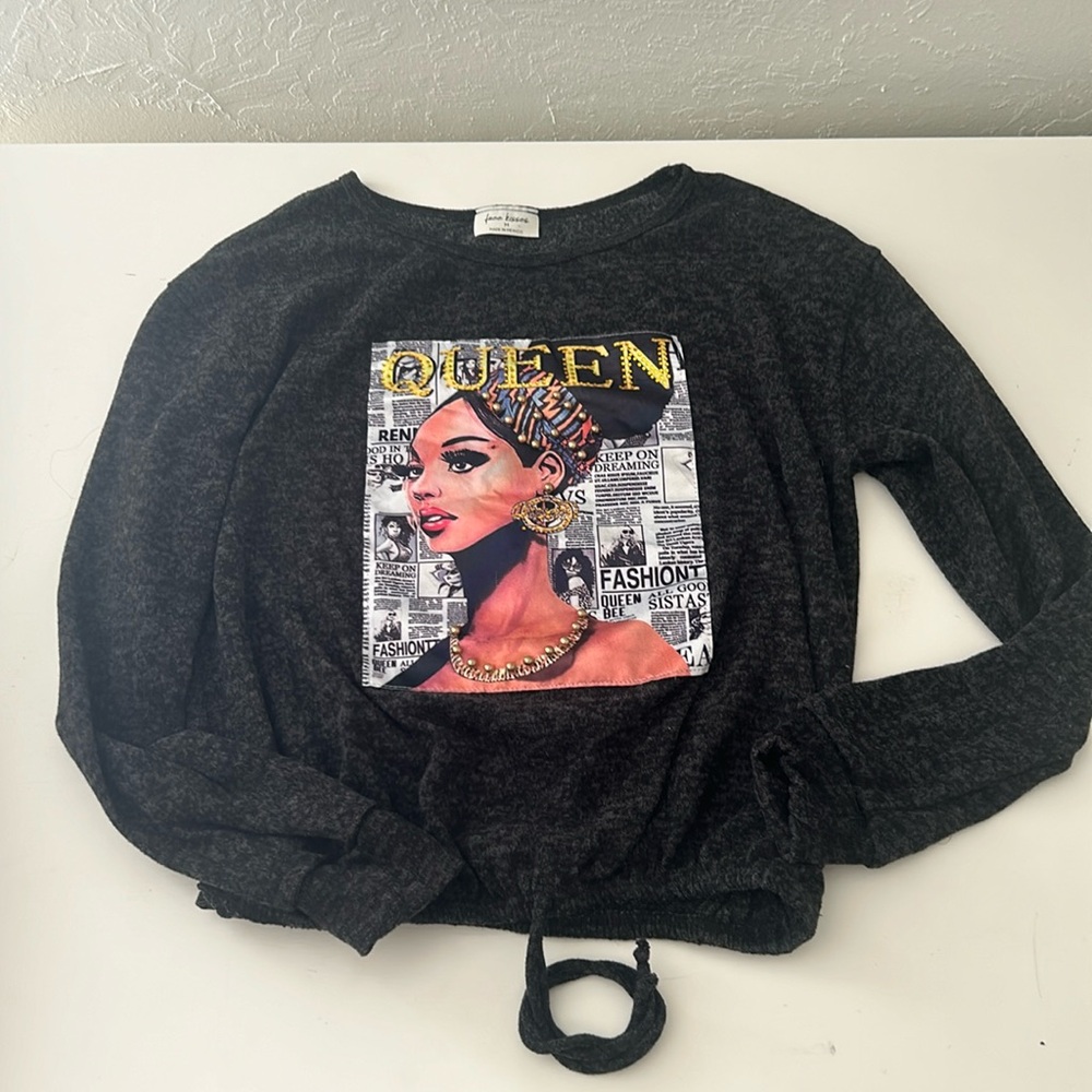 Long sleeve queen magazine sweater w/ gems & adjustable waist